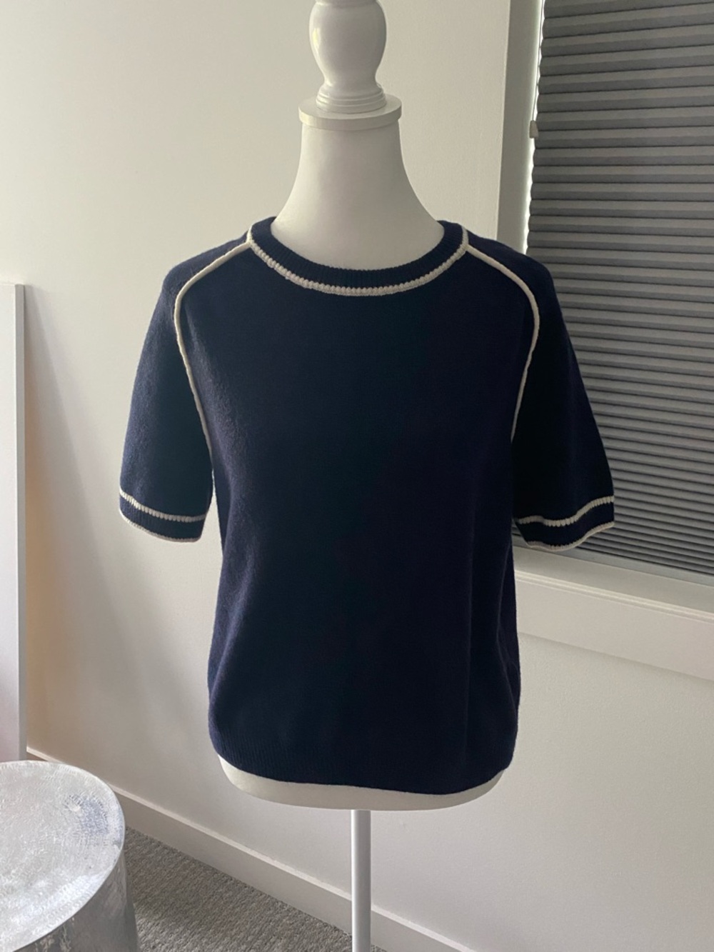 H&M Navy Short Sleeve Sweater with Cream Trim